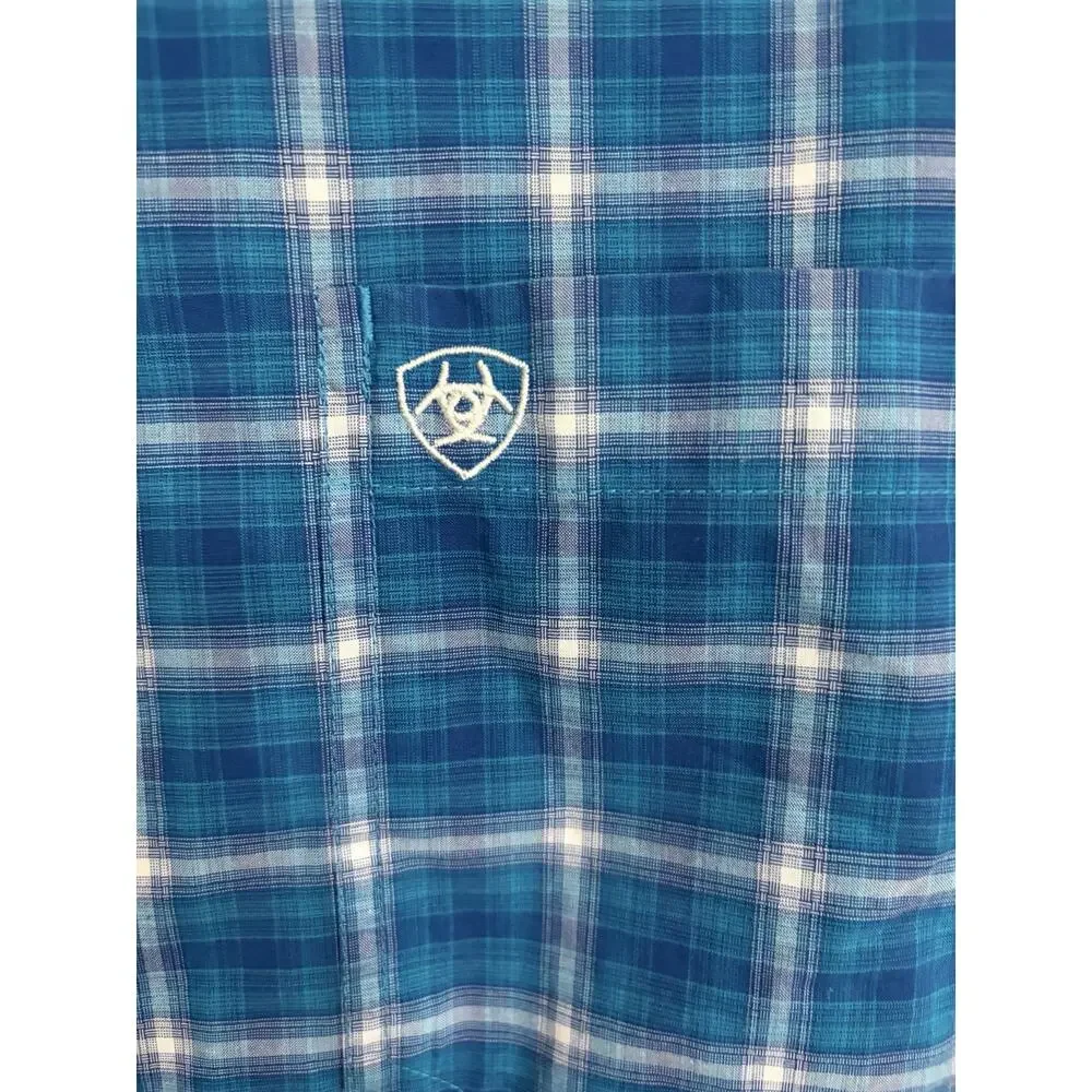 Ariat Pro Series Men's XXL Blue/White Plaid Stretch Long Sleeve Button-Up #0160
